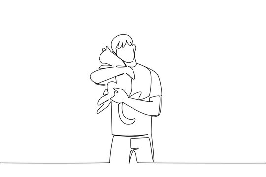 Continuous one line drawing a man in casual clothes hugging a cat with both hands. Love very much a very obedient animal. International Hug Your Cat Day. Single line draw design vector illustration - Powered by Adobe