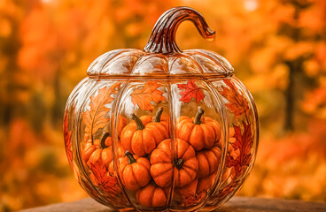 A glass pumpkin filled with tiny gourds and autumn leaves glows warmly amid a cozy fall-themed setting.