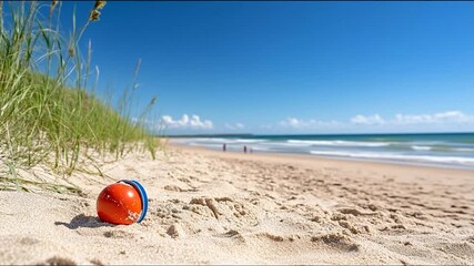 Orange ball on beach sand under blue sky tropical vacation - Powered by Adobe