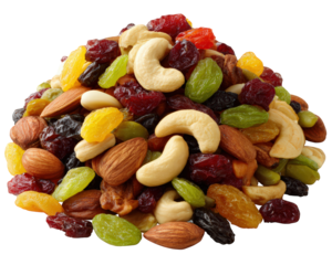 Mixed nuts dried fruit almond cashew raisin walnut healthy snack colorful natural energy food isolated on transparency background delicious and nutritious combination for active lifestyle