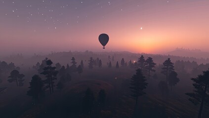Sunset scenery with hot air balloon over forest