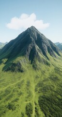 Mountain peak, bright green slopes under a sunny blue sky