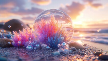 Glass orb reveals coral on sandy beach at sunset
