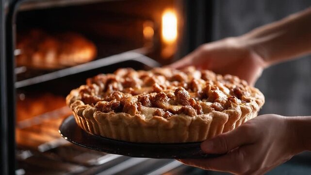 A Delicious Homemade Pie Being Carefully Removed from the Oven, with Golden Brown Crust and Crumbly Topping Showcasing the Art of Baking