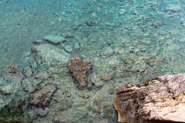 Coastline with rocky beach. Croatia, Makarska. Drone view, aerial photo.