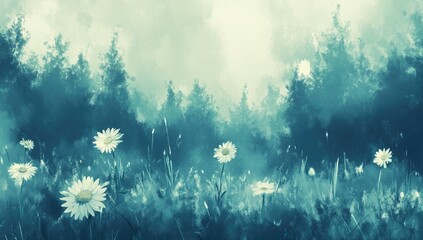 Misty field with daisies, forest background in muted blue