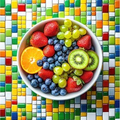 Colorful fruit bowl on bright mosaic tile background