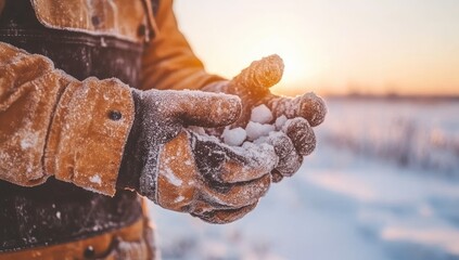 Gloved hands holding snow, winter landscape at golden hour