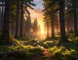 Stunning Sunset in a Lush Forest: A Scenic View of Nature's Beauty