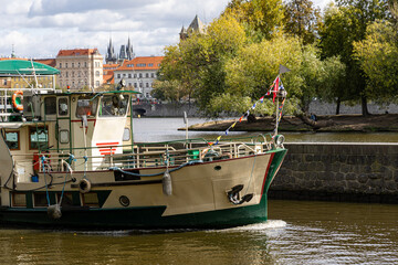 A ship sails on the Vltava River, Prague, Czech Republic