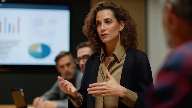 A confident woman presents insights to colleagues in a modern meeting room, showcasing professional discourse and collaboration, enhanced by engaging visuals on the screen.