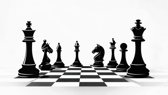 A black and white illustration of chess pieces set up on a checkered board, perspective view
