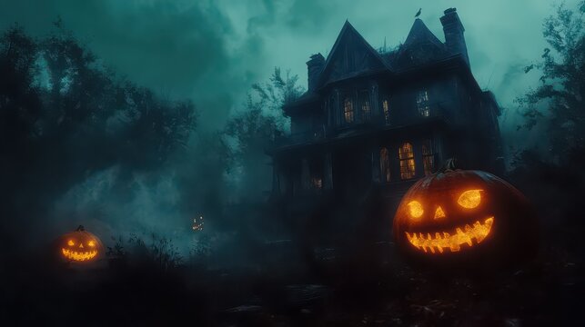 Eerie haunted house with glowing pumpkins in a spooky halloween night scene, creating a chilling and atmospheric backdrop - Powered by Adobe