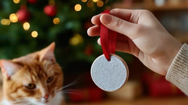 A Cozy Holiday Scene Featuring a Ginger Cat Interacting with a Christmas Ornament Handled by a Human, Set Against a Beautifully Decorated Festive Background
