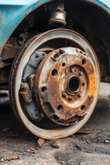 Close-up of a rusty vehicle's damaged wheel