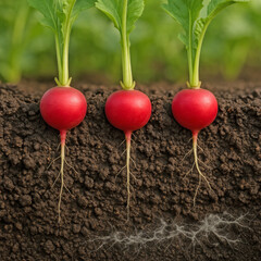 Fresh red radishes with bright green leaves grow on fertile dark soil. A slice of earth with a growing radish in it.  Resis and mycelium.