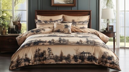 Elegant bed set with landscape illustration