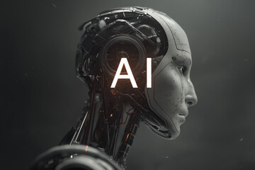 Futuristic close-up portrait of a humanoid robot with a human-like face and mechanical details, illuminated with glowing AI text, symbolizing artificial intelligence, technology, and cyber future