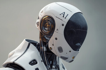 Futuristic close-up portrait of a humanoid robot with a human-like face and mechanical details, illuminated with glowing AI text, symbolizing artificial intelligence, technology, and cyber future
