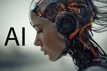 Futuristic close-up portrait of a humanoid robot with a human-like face and mechanical details, illuminated with glowing AI text, symbolizing artificial intelligence, technology, and cyber future