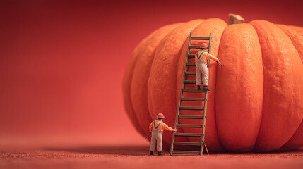 Tiny workers scale a towering pumpkin on a ladder, crafting a whimsical, industrious autumn scene with warm, surreal lighting.