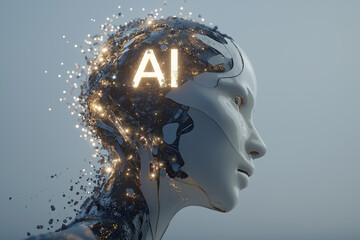 Futuristic close-up portrait of a humanoid robot with a human-like face and mechanical details, illuminated with glowing AI text, symbolizing artificial intelligence, technology, and cyber future