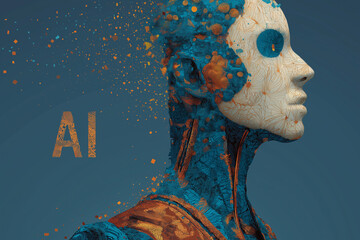 Futuristic close-up portrait of a humanoid robot with a human-like face and mechanical details, illuminated with glowing AI text, symbolizing artificial intelligence, technology, and cyber future