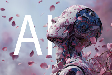 Futuristic close-up portrait of a humanoid robot with a human-like face and mechanical details, illuminated with glowing AI text, symbolizing artificial intelligence, technology, and cyber future