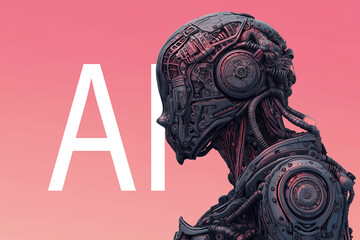 Futuristic close-up portrait of a humanoid robot with a human-like face and mechanical details, illuminated with glowing AI text, symbolizing artificial intelligence, technology, and cyber future