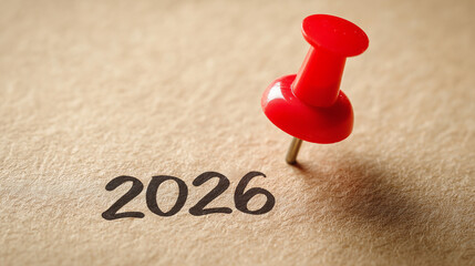 close-up of a red push pin typing the text "2026" on a beige background with copy space