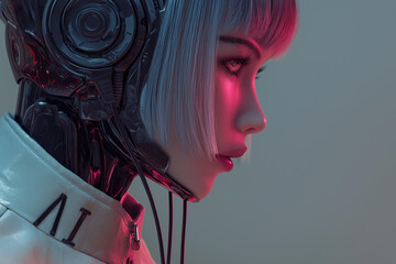 Futuristic close-up portrait of a humanoid robot with a human-like face and mechanical details, illuminated with glowing AI text, symbolizing artificial intelligence, technology, and cyber future
