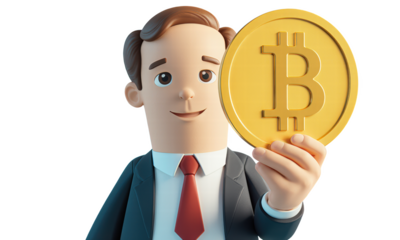 Smiling Businessman Holds Gold Bitcoin Coin