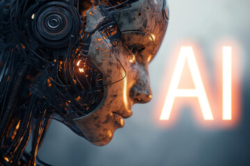 Futuristic close-up portrait of a humanoid robot with a human-like face and mechanical details, illuminated with glowing AI text, symbolizing artificial intelligence, technology, and cyber future