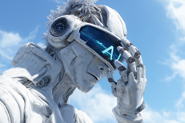 Futuristic close-up portrait of a humanoid robot with a human-like face and mechanical details, illuminated with glowing AI text, symbolizing artificial intelligence, technology, and cyber future