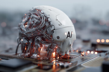 Futuristic close-up portrait of a humanoid robot with a human-like face and mechanical details, illuminated with glowing AI text, symbolizing artificial intelligence, technology, and cyber future