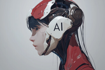 Futuristic close-up portrait of a humanoid robot with a human-like face and mechanical details, illuminated with glowing AI text, symbolizing artificial intelligence, technology, and cyber future