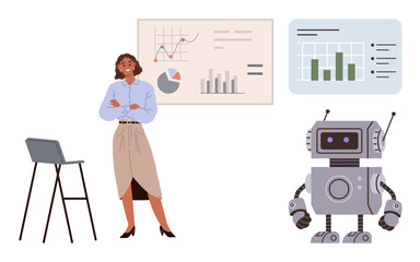 Woman standing with folded arms beside charts showcasing graphs and analytics, alongside a robot. Ideal for technology, data analysis, business, AI, teamwork, education innovation. Simple flat