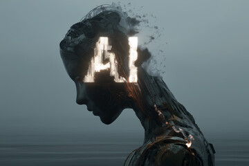 Futuristic close-up portrait of a humanoid robot with a human-like face and mechanical details, illuminated with glowing AI text, symbolizing artificial intelligence, technology, and cyber future