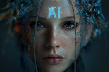 Futuristic close-up portrait of a humanoid robot with a human-like face and mechanical details, illuminated with glowing AI text, symbolizing artificial intelligence, technology, and cyber future