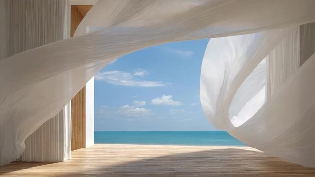 White, billowing fabric curtains frame a sunny ocean view from a wooden deck.
