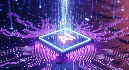 Ultra highresolution, professional studio photography of abstract glowing blue and purple ai chip with intricate circuitry and light trails, representing artificial intelligence and technology