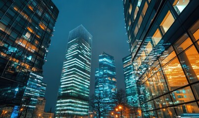 Night cityscape, low angle view of illuminated skyscrapers
