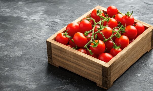 Bright red cherry tomatoes in a rustic wooden crate