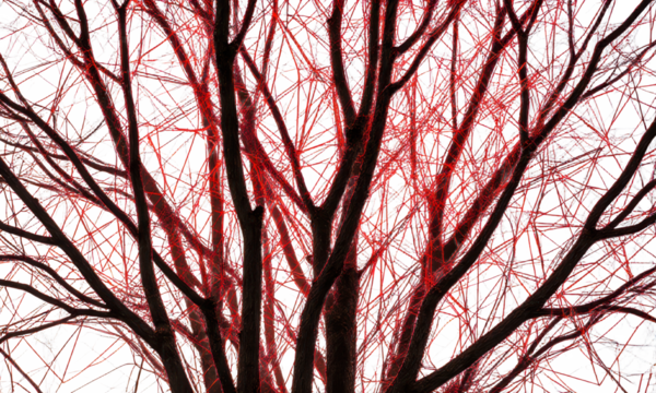 Vibrant Red Branches Against a Cloudy Sky