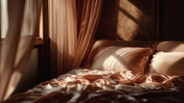 A bed with silky pink satin sheets and pillows, bathed in warm light from sheer curtains in a softly lit bedroom.