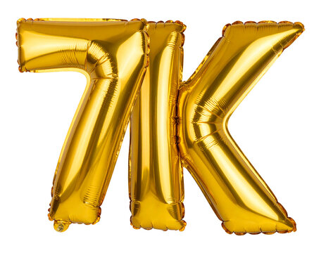 Number 7K Golden Foil Balloon, Front View, Isolated on Transparent Background