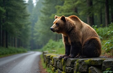 Obraz premium Big brown bear sits on mossy stone wall next to forest road. Wild mammal looks alert in green woodland, possibly seeking food or observing surroundings. Nature scene.