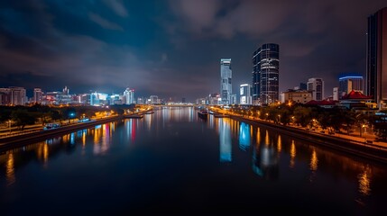 Fototapeta premium Night city skyline with tall skyscrapers and glowing lights reflecting on calm river water.