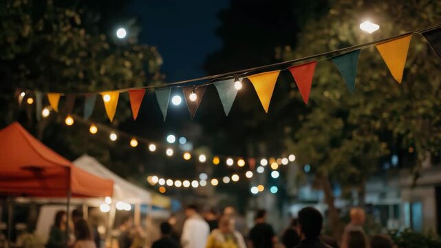 A charming night market scene with colorful bunting flags strung across the stalls, glowing lights, and a buzzing crowd creating a lively and festive atmosphere.