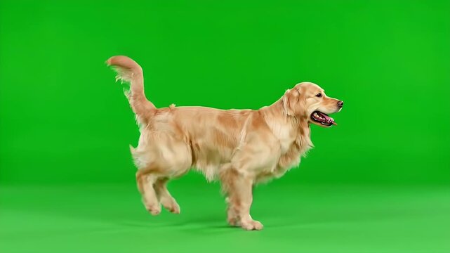 Golden Retriever Dog Running on Green Screen Chroma Key Background for Video Production: Animated Canine Action Stock Footage